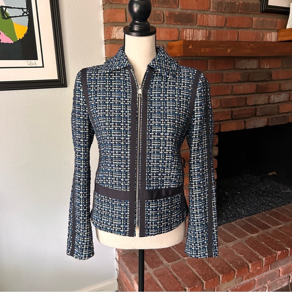 Hugo Boss Janopus Zip Front Tweed Blazer Jacket in Navy Blue Sz 4 - Picture 2 of 12
